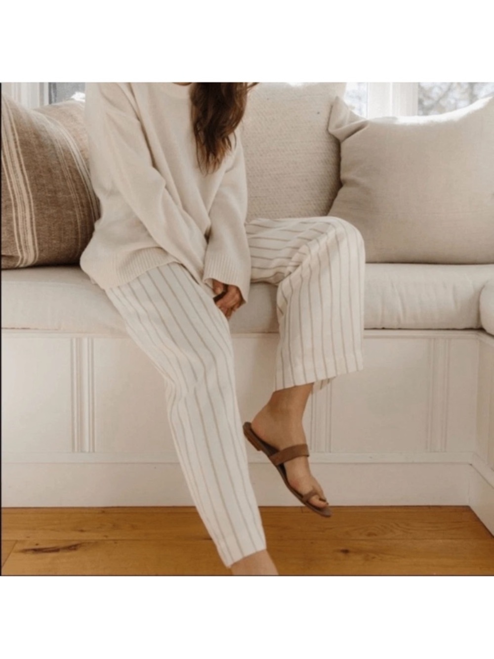 Jenni Kayne Pants Bianca Striped Wide Leg Satin Pull On Ivory Tan Honey Sz XS